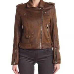 NWT BLANK NYC Asymmetric Zip Moto Jacket Vegan Suede Leather Whiskey Brown S